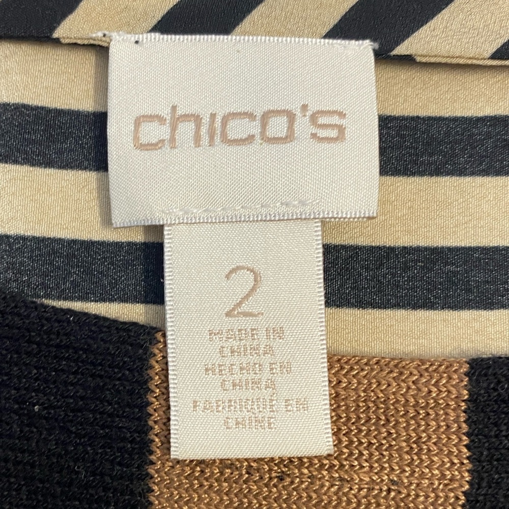 Chico's Trapeze Tunic Sweater Black, Brown, Tan, Cream Striped Elegant Tiny Pull - Picture 15 of 17